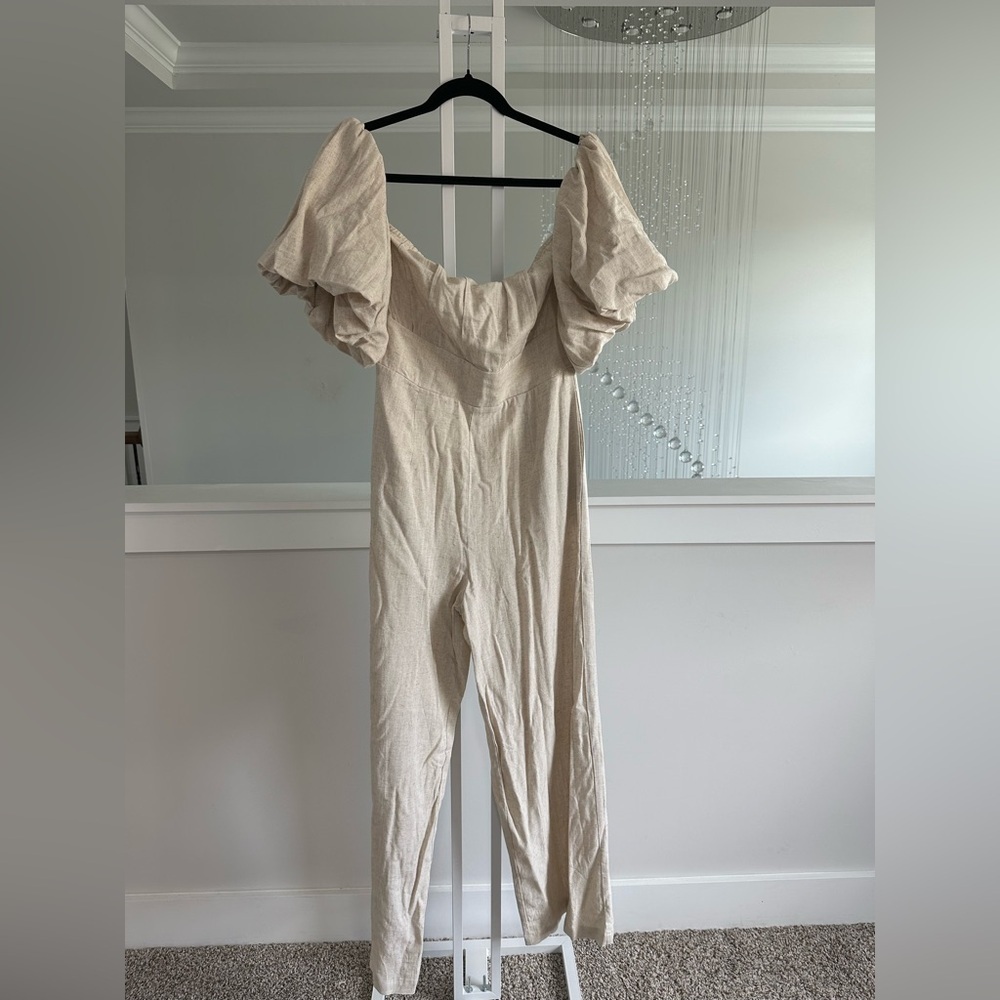 Commense Linen Blend Off-Shoulder Puff sleeve Jumpsuit - Picture 3 of 8